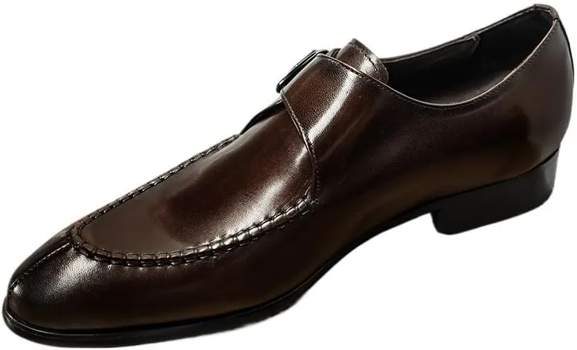 HOOENG Oxford Dress Shoes for Men Slip On Pointed Toe Genuine Leather Split Toe Monk Strap Block Heel Slip Resistant Anti-Slip Rubber Sole Casual(Light Coffee,9)