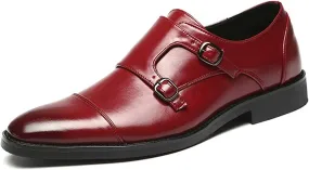 HOOENG Oxford Shoes for Men Slip on Monk Strap Cap Toe Black Burnished Toe PU Leather Anti-Slip Block Heel Rubber Sole Outdoor (Color : Red, Size : 7.5)