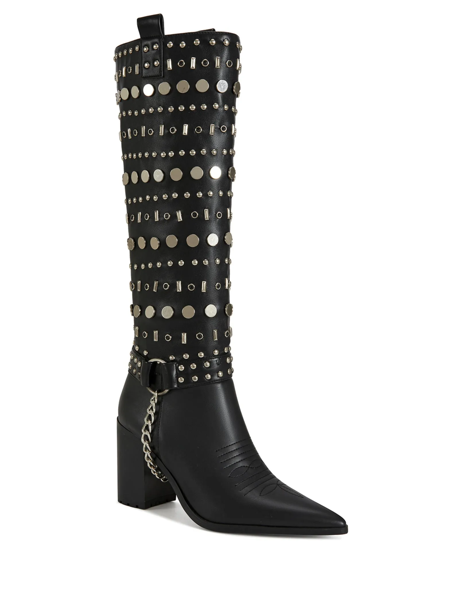 JULETTE-BLACK STUDDED KNEE HIGH HEELED BOOT