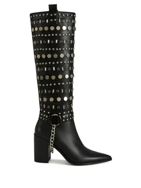 JULETTE-BLACK STUDDED KNEE HIGH HEELED BOOT