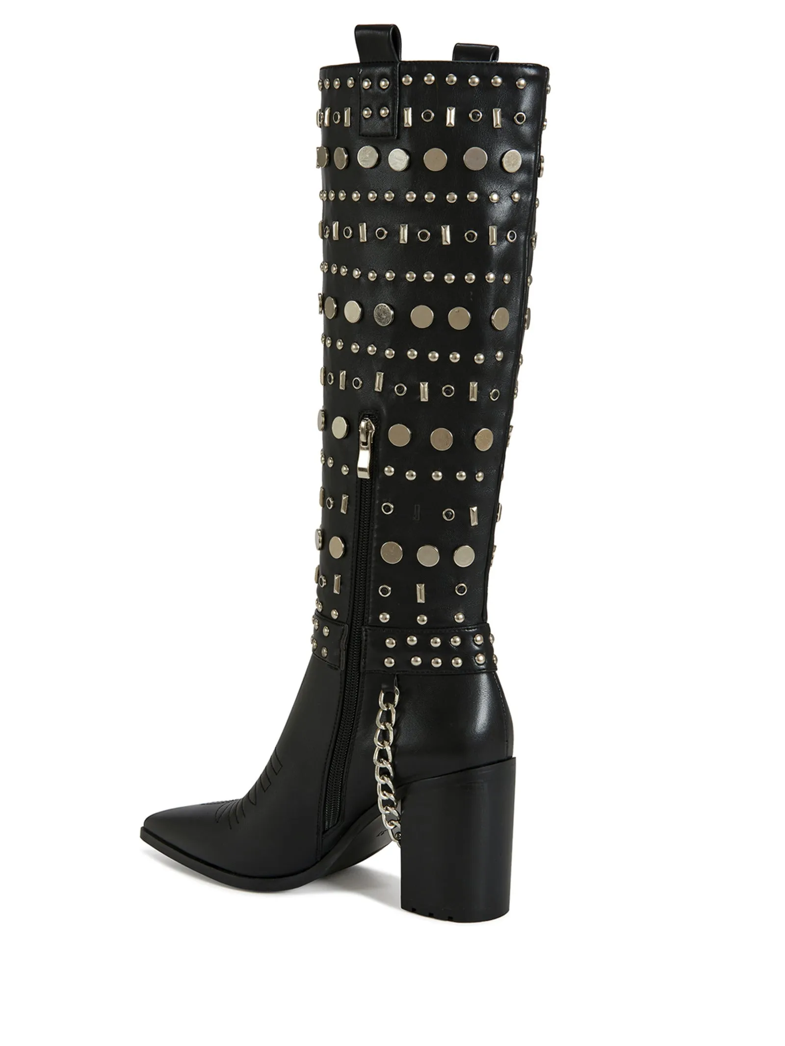 JULETTE-BLACK STUDDED KNEE HIGH HEELED BOOT