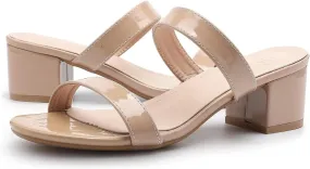 kkdom Round Toe Chunky Heels Sandals-Clear Nude Black Short Heels Two Strap Leather Mule Sandals Slip On Block Heels for Party Dating Daily Work