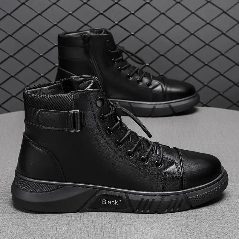 Mens Italian High Top Leather Boots Non-Slip Soft Motorcycle Shoes Black Side Zipper Chukka Classic Business Boots