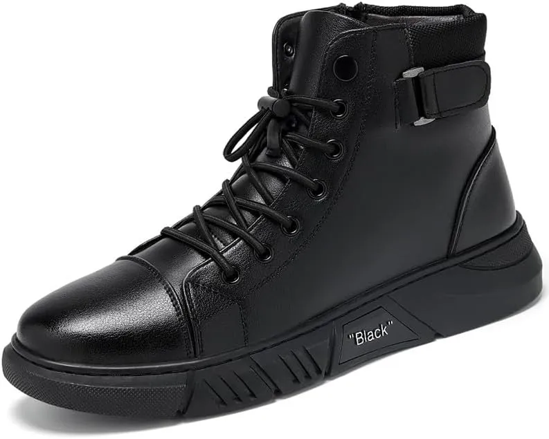 Mens Italian High Top Leather Boots Non-Slip Soft Motorcycle Shoes Black Side Zipper Chukka Classic Business Boots