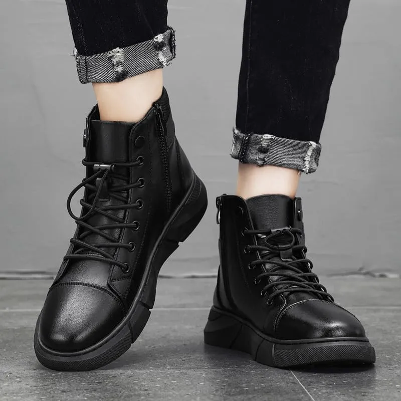 Mens Italian High Top Leather Boots Non-Slip Soft Motorcycle Shoes Black Side Zipper Chukka Classic Business Boots