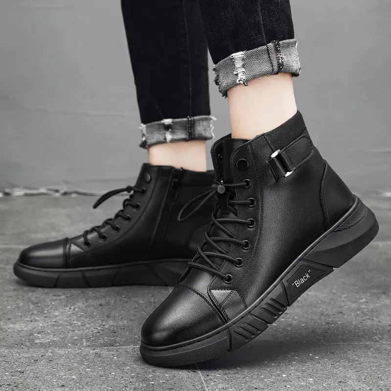 Mens Italian High Top Leather Boots Non-Slip Soft Motorcycle Shoes Black Side Zipper Chukka Classic Business Boots
