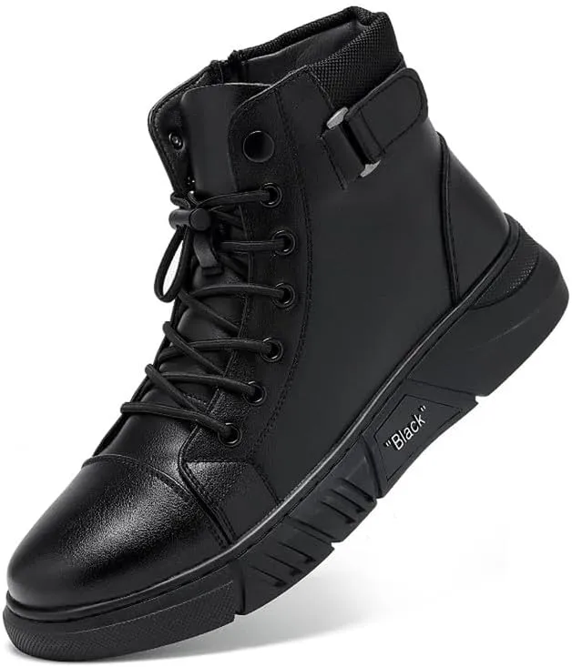 Mens Italian High Top Leather Boots Non-Slip Soft Motorcycle Shoes Black Side Zipper Chukka Classic Business Boots