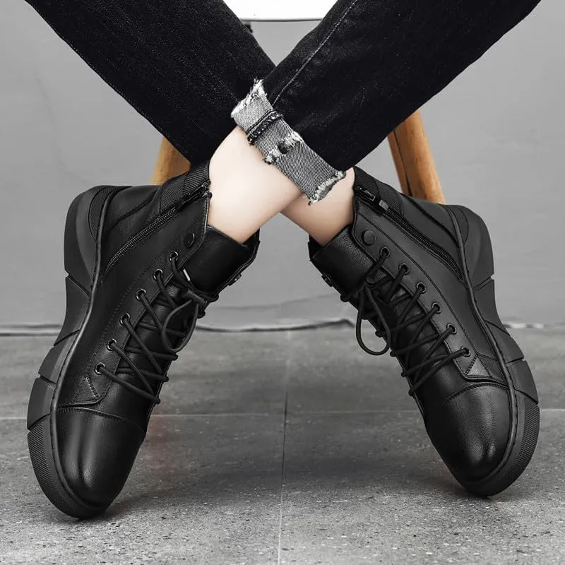 Mens Italian High Top Leather Boots Non-Slip Soft Motorcycle Shoes Black Side Zipper Chukka Classic Business Boots