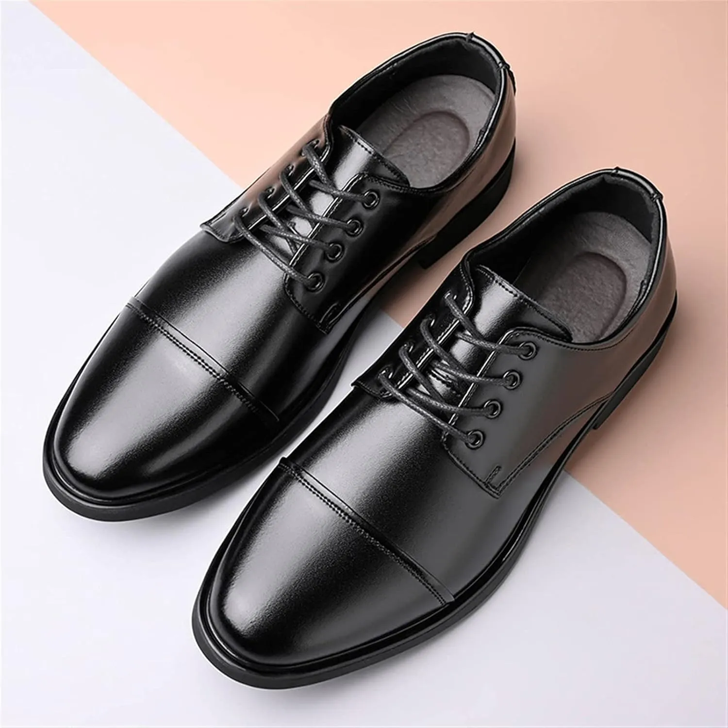 Oxford Formal Shoes for Men Lace Up Cap Toe Round Toe Derby Shoes Leather Slip Resistant Low Top Rubber Sole Block Heel Classic