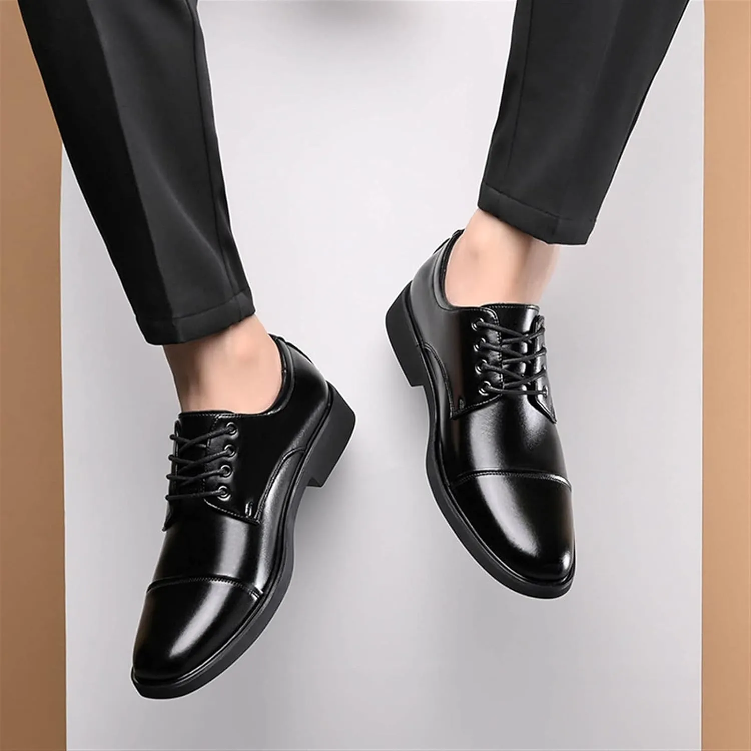 Oxford Formal Shoes for Men Lace Up Cap Toe Round Toe Derby Shoes Leather Slip Resistant Low Top Rubber Sole Block Heel Classic