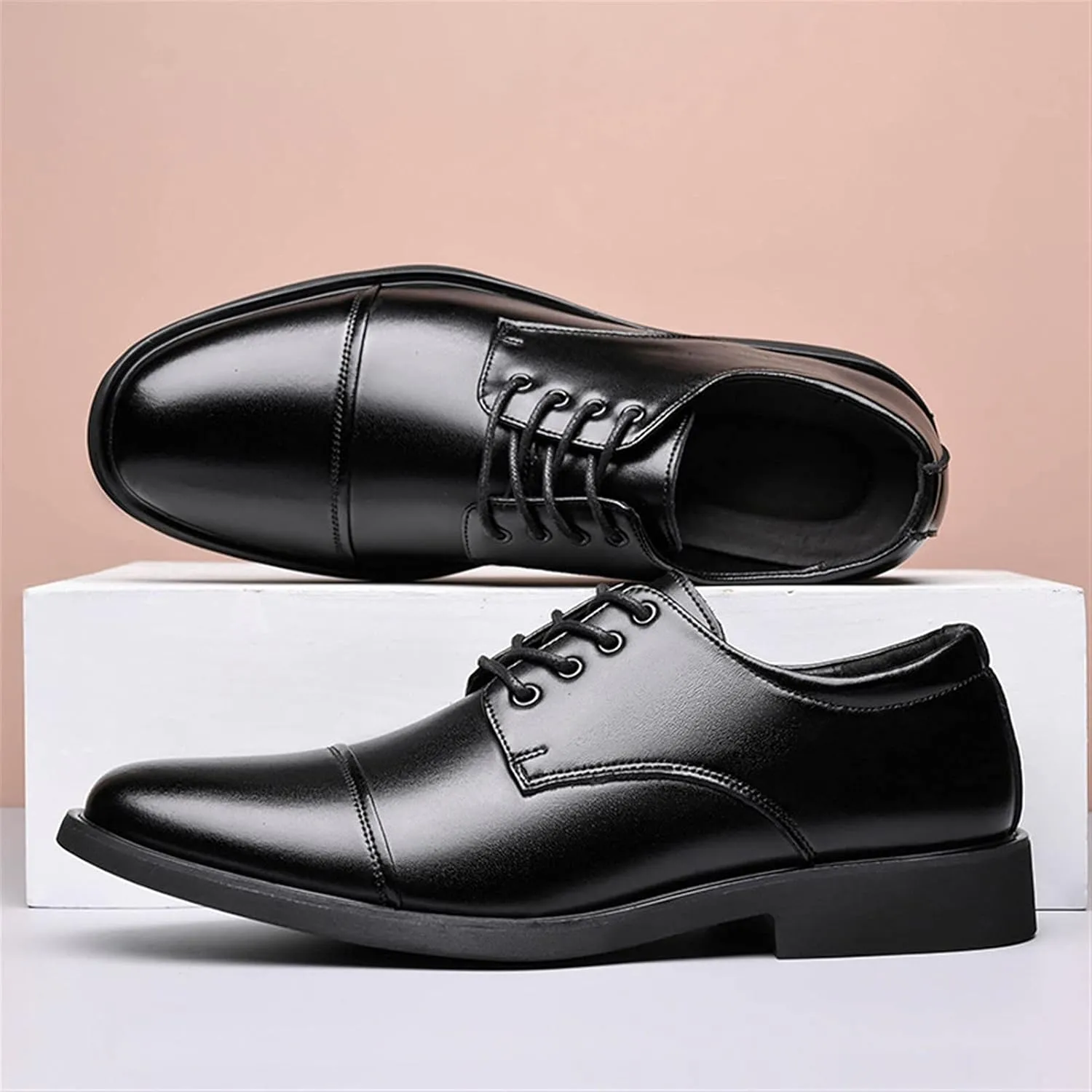 Oxford Formal Shoes for Men Lace Up Cap Toe Round Toe Derby Shoes Leather Slip Resistant Low Top Rubber Sole Block Heel Classic