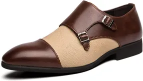 Oxford Shoes for Men Slip On Double Monk Strap Two Tone Cap Toe PU Leather Non Slip Anti-Slip Rubber Sole Low Top Casual (Color : Brown, Size : 8.5)
