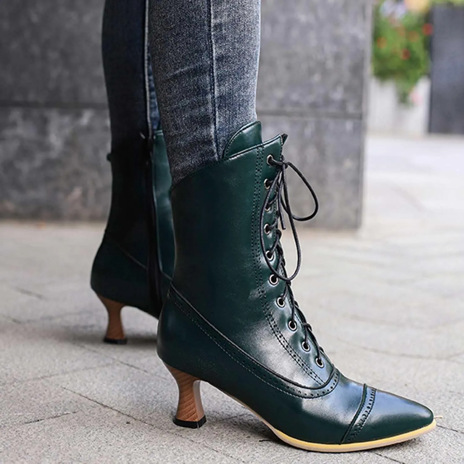 Platform Boots Women's British Pointed Solid Ankle Boots Low Slim Heels Lace-Up Combat Bootie For Lolita