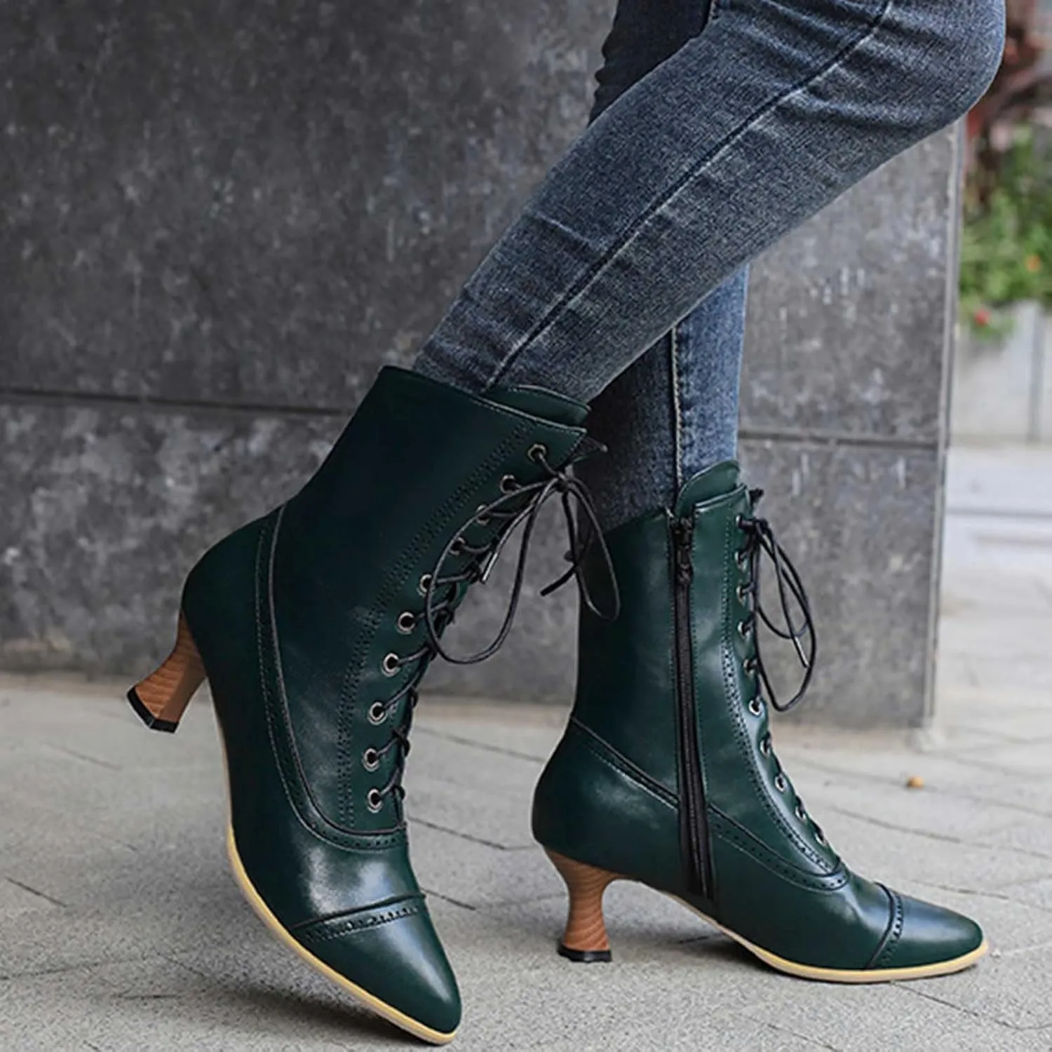 Platform Boots Women's British Pointed Solid Ankle Boots Low Slim Heels Lace-Up Combat Bootie For Lolita