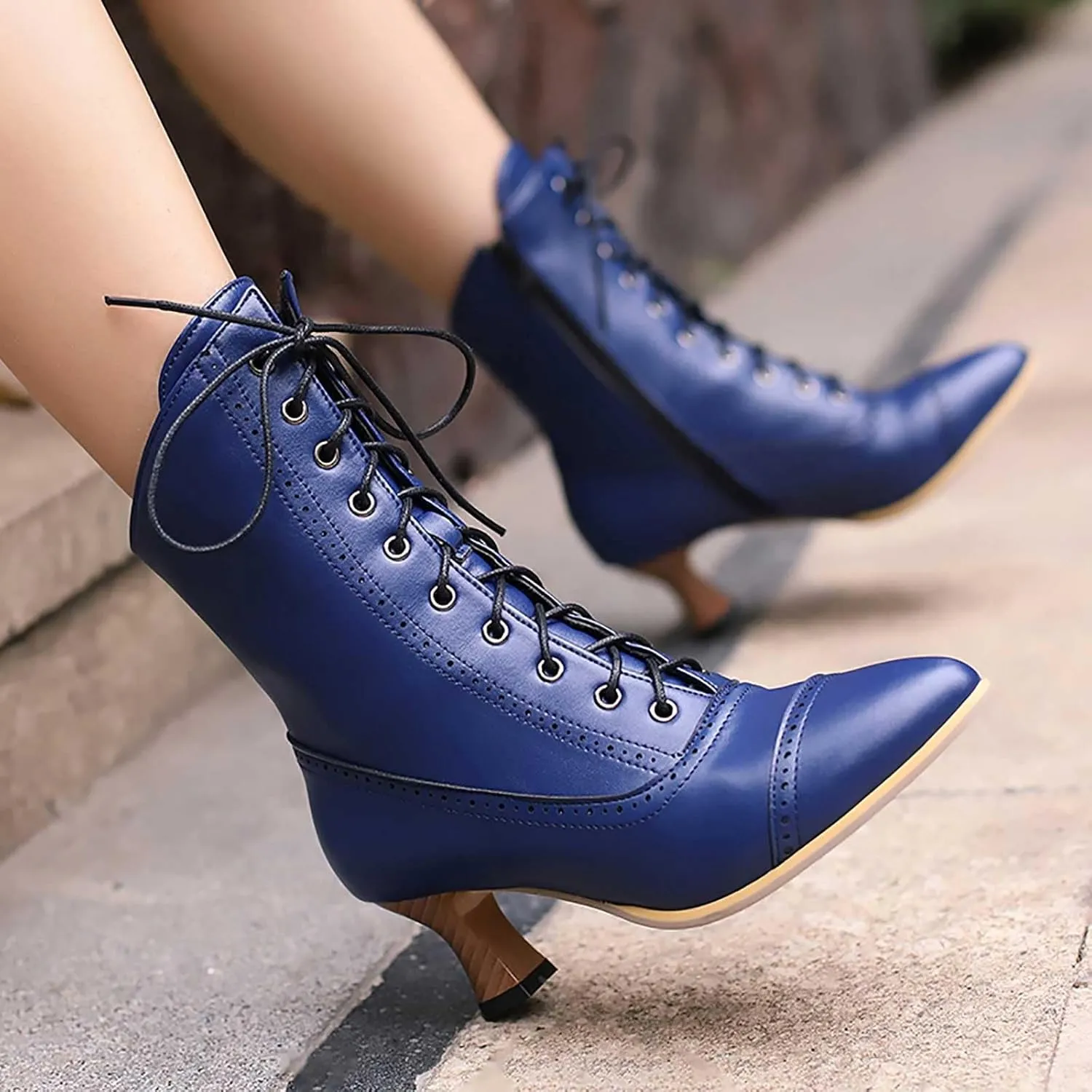 Platform Boots Women's British Pointed Solid Ankle Boots Low Slim Heels Lace-Up Combat Bootie For Lolita