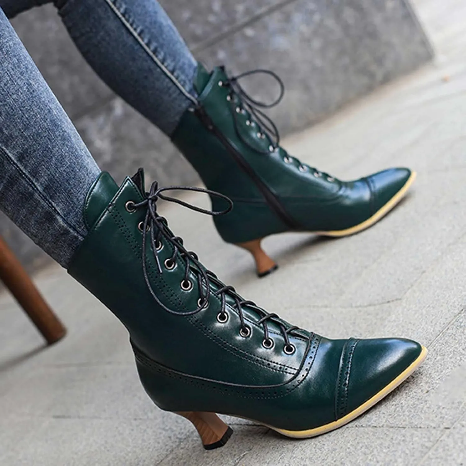 Platform Boots Women's British Pointed Solid Ankle Boots Low Slim Heels Lace-Up Combat Bootie For Lolita