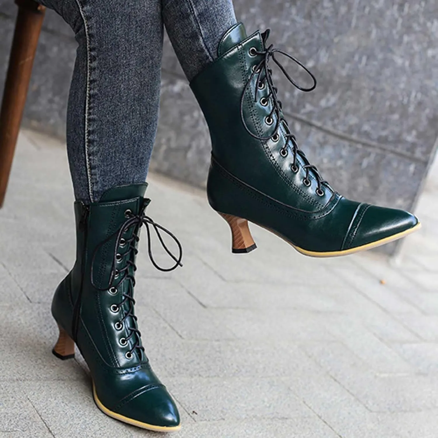 Platform Boots Women's British Pointed Solid Ankle Boots Low Slim Heels Lace-Up Combat Bootie For Lolita