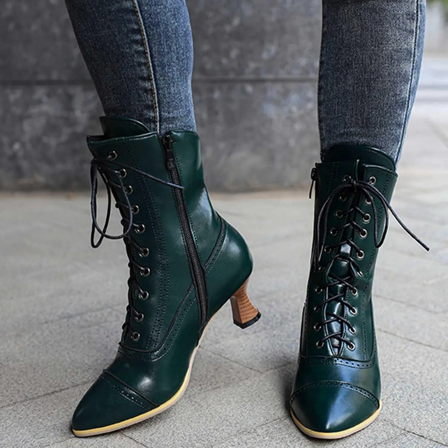 Platform Boots Women's British Pointed Solid Ankle Boots Low Slim Heels Lace-Up Combat Bootie For Lolita