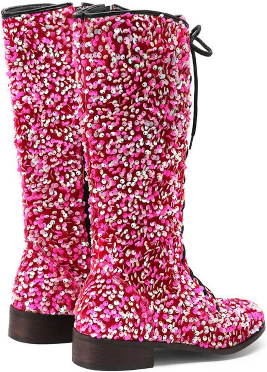 Platform Boots Women's Shiny Sequin Mid Calf Boots Lace-Up Cowgirl Party Boots Long Tall Flats Cowboy Booties