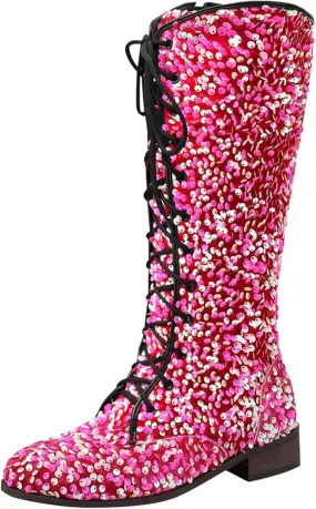 Platform Boots Women's Shiny Sequin Mid Calf Boots Lace-Up Cowgirl Party Boots Long Tall Flats Cowboy Booties