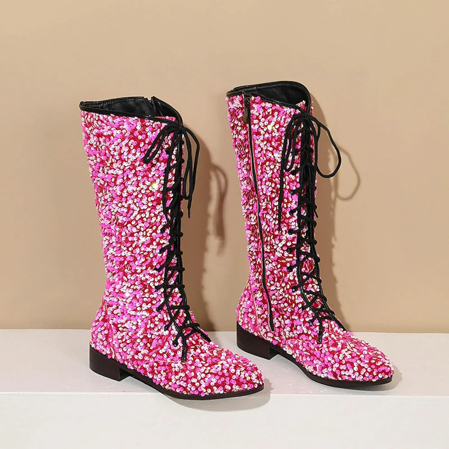 Platform Boots Women's Shiny Sequin Mid Calf Boots Lace-Up Cowgirl Party Boots Long Tall Flats Cowboy Booties