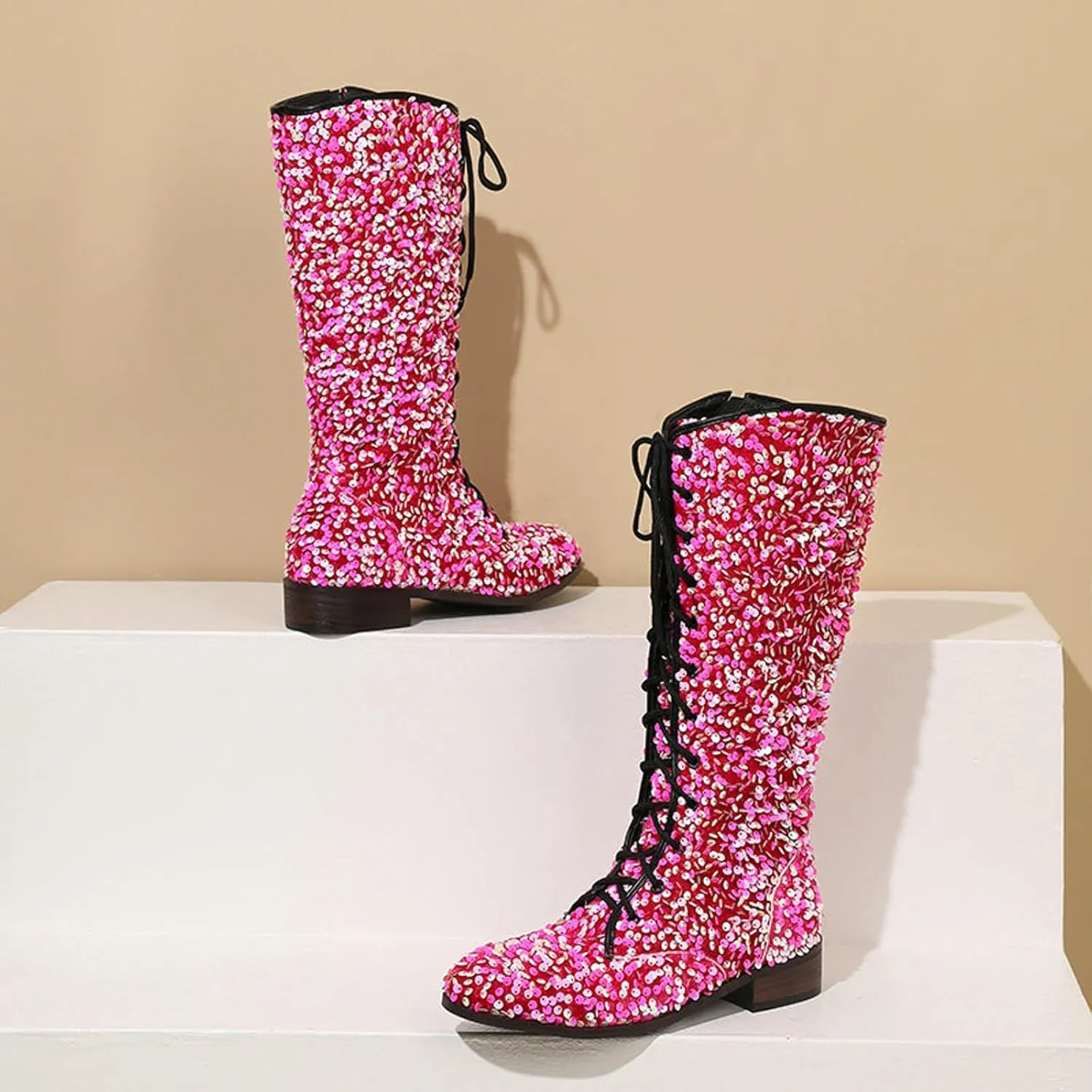 Platform Boots Women's Shiny Sequin Mid Calf Boots Lace-Up Cowgirl Party Boots Long Tall Flats Cowboy Booties