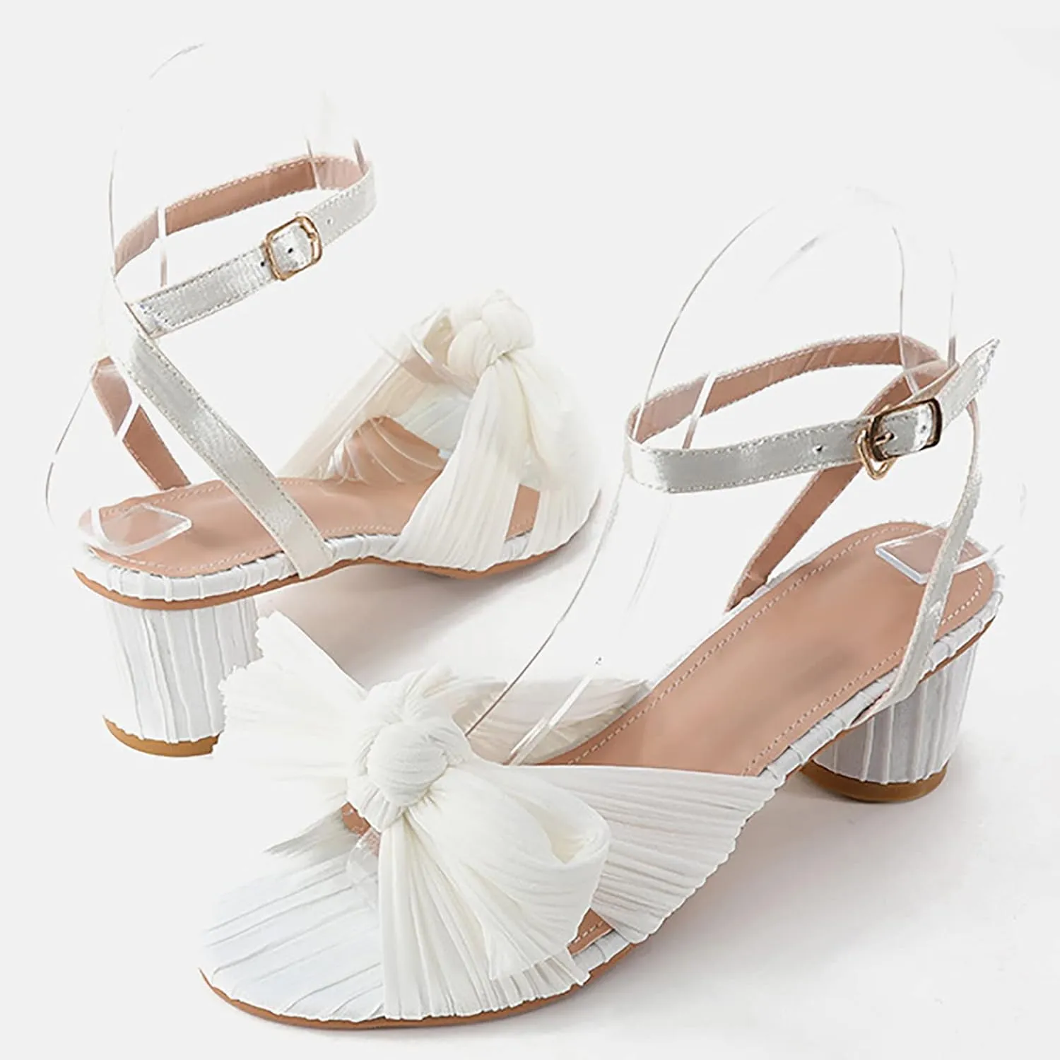 Sandals Women Bow Knot Heeled Sandals Open Toe High Block Heels Ankle Strap Chunky Heels Bride Wedding Shoes