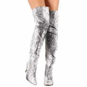 Sexy Silver Metallic Snake Thigh High Dress Boots