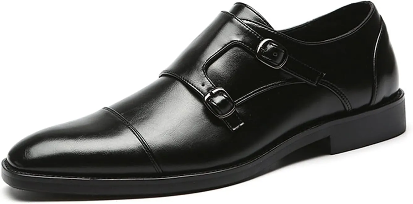 Single Season Formal Shoes for Men Slip On Monk Strap Cap Toe Black Burnished Toe PU Leather Rubber Sole Resistant Non Slip Low Top Anti-Slip Casual Very Popular Among Young People (Colo