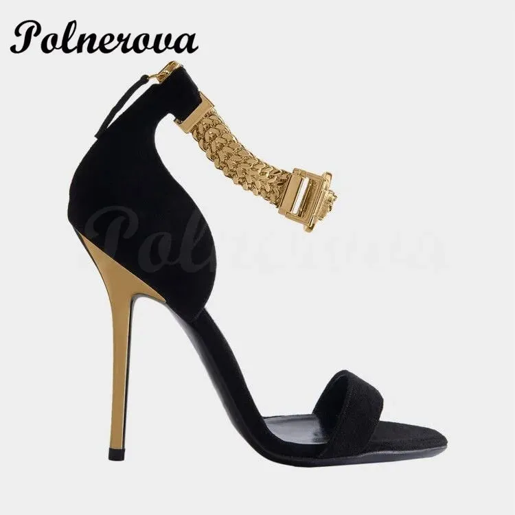 Trendy Black And Gold Stiletto Buckle Heels