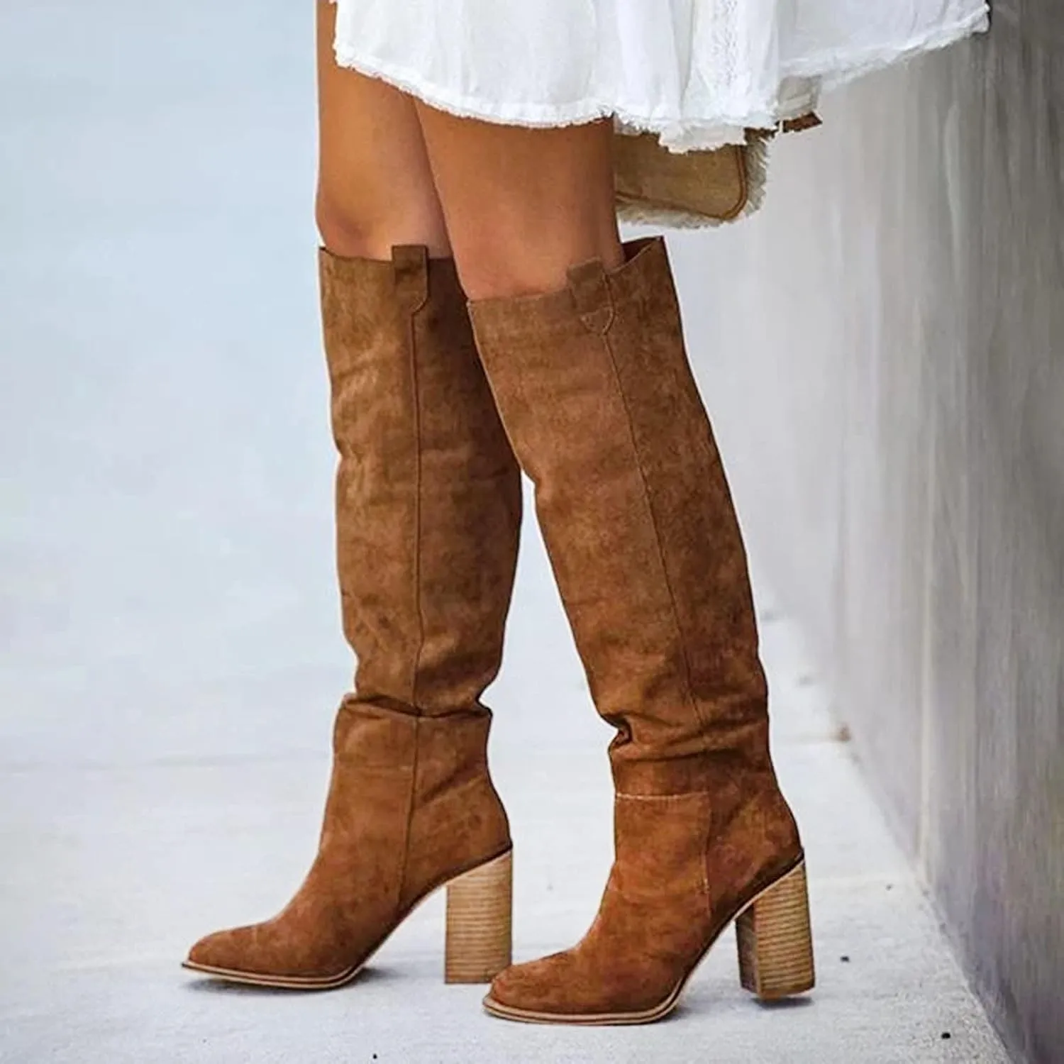 White Cowgirl Boots High Chunky Heeled Knee High Boots Pull On Pointed Suede Thigh High Boots Long Bootie