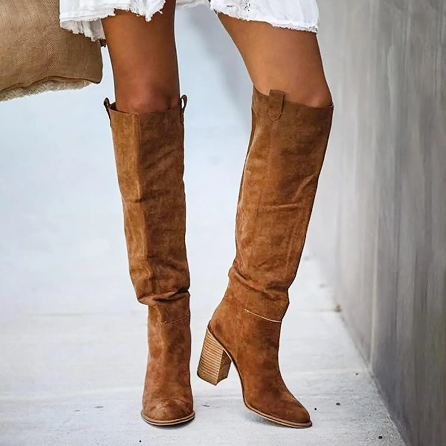 White Cowgirl Boots High Chunky Heeled Knee High Boots Pull On Pointed Suede Thigh High Boots Long Bootie
