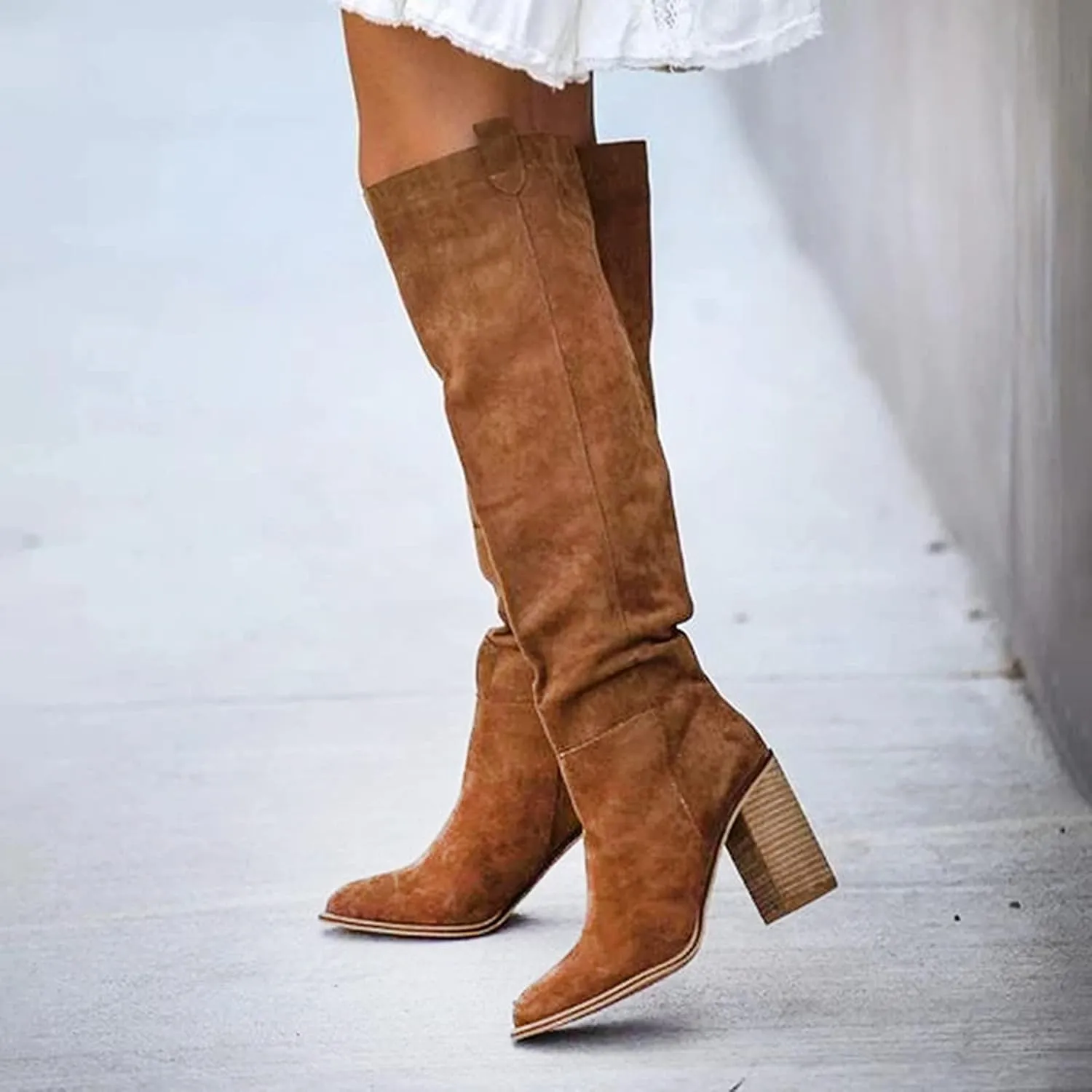 White Cowgirl Boots High Chunky Heeled Knee High Boots Pull On Pointed Suede Thigh High Boots Long Bootie
