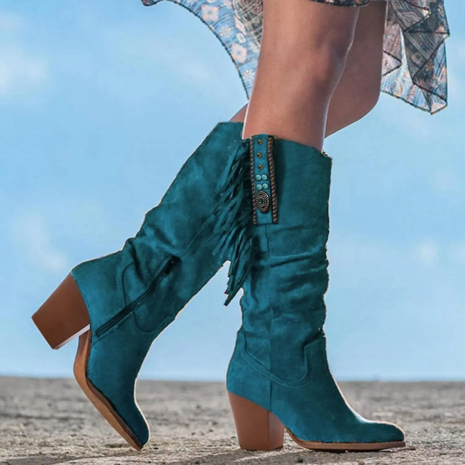 Winter Boots For Women Casual Square Heel Thigh High Boots Tassel Knee High Boots Suede Pull On Tall Bootie
