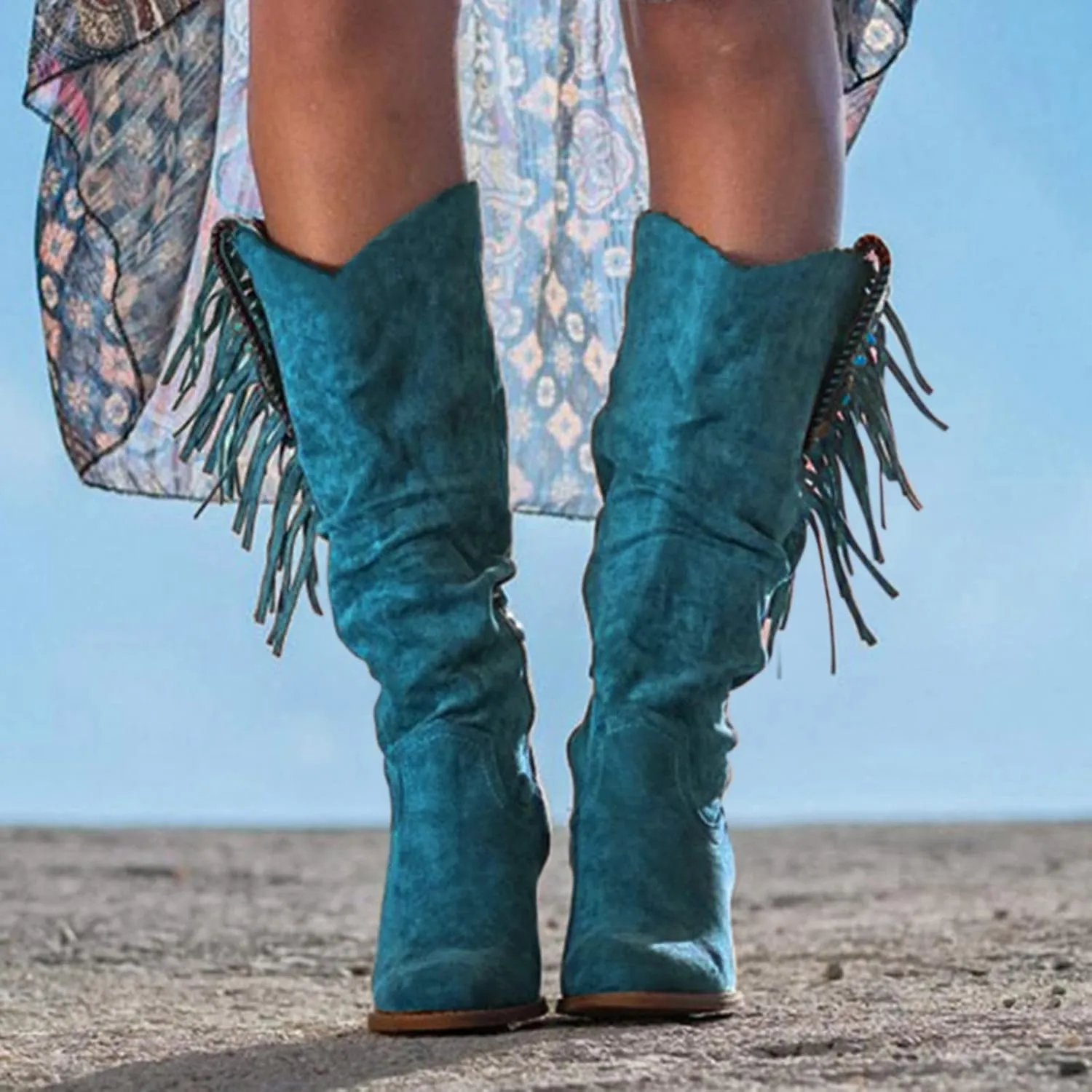 Winter Boots For Women Casual Square Heel Thigh High Boots Tassel Knee High Boots Suede Pull On Tall Bootie