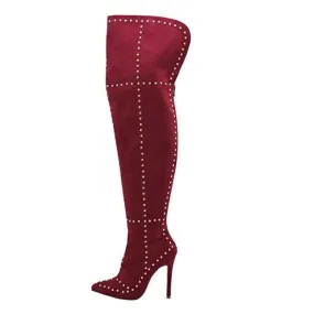 Women's Hot Red Faux Suede Studded Thigh High Boots