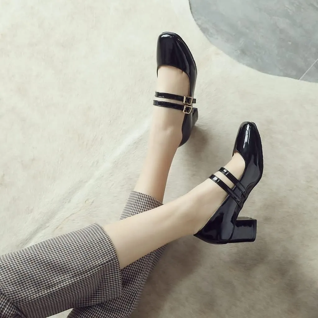 Women's Mary Jane Pump Oxford Square Toe Patent Leather Buckle Strap Chunky Mid Heel Retro Dress Shoes