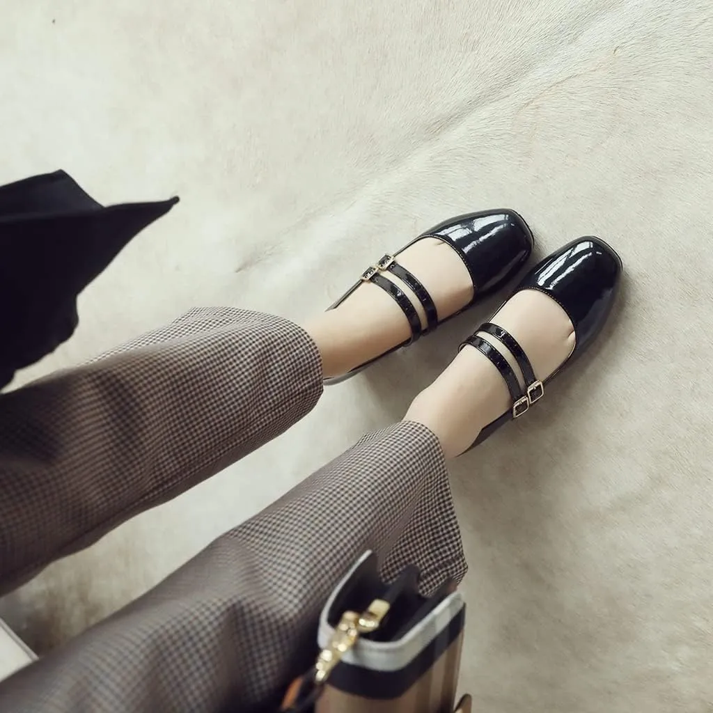 Women's Mary Jane Pump Oxford Square Toe Patent Leather Buckle Strap Chunky Mid Heel Retro Dress Shoes