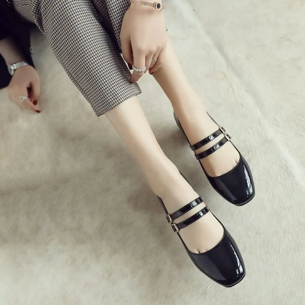 Women's Mary Jane Pump Oxford Square Toe Patent Leather Buckle Strap Chunky Mid Heel Retro Dress Shoes