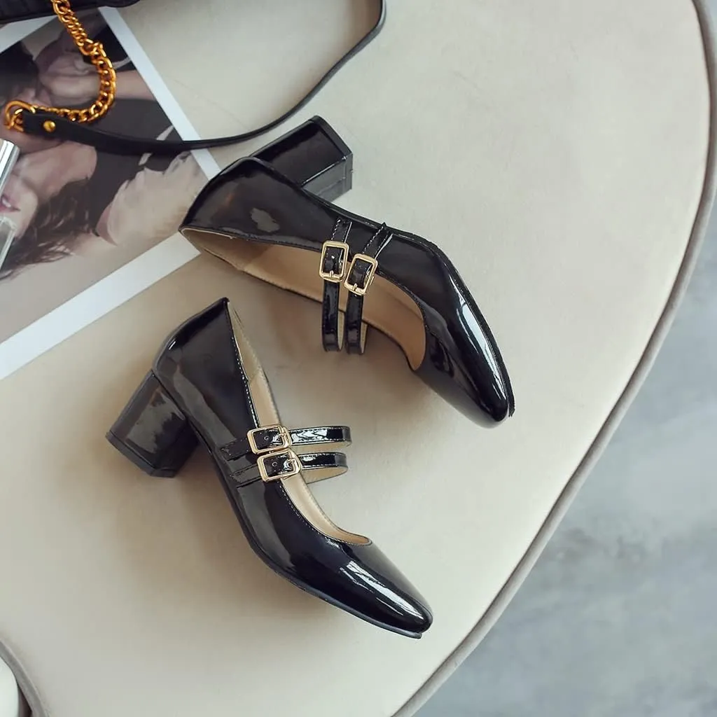Women's Mary Jane Pump Oxford Square Toe Patent Leather Buckle Strap Chunky Mid Heel Retro Dress Shoes