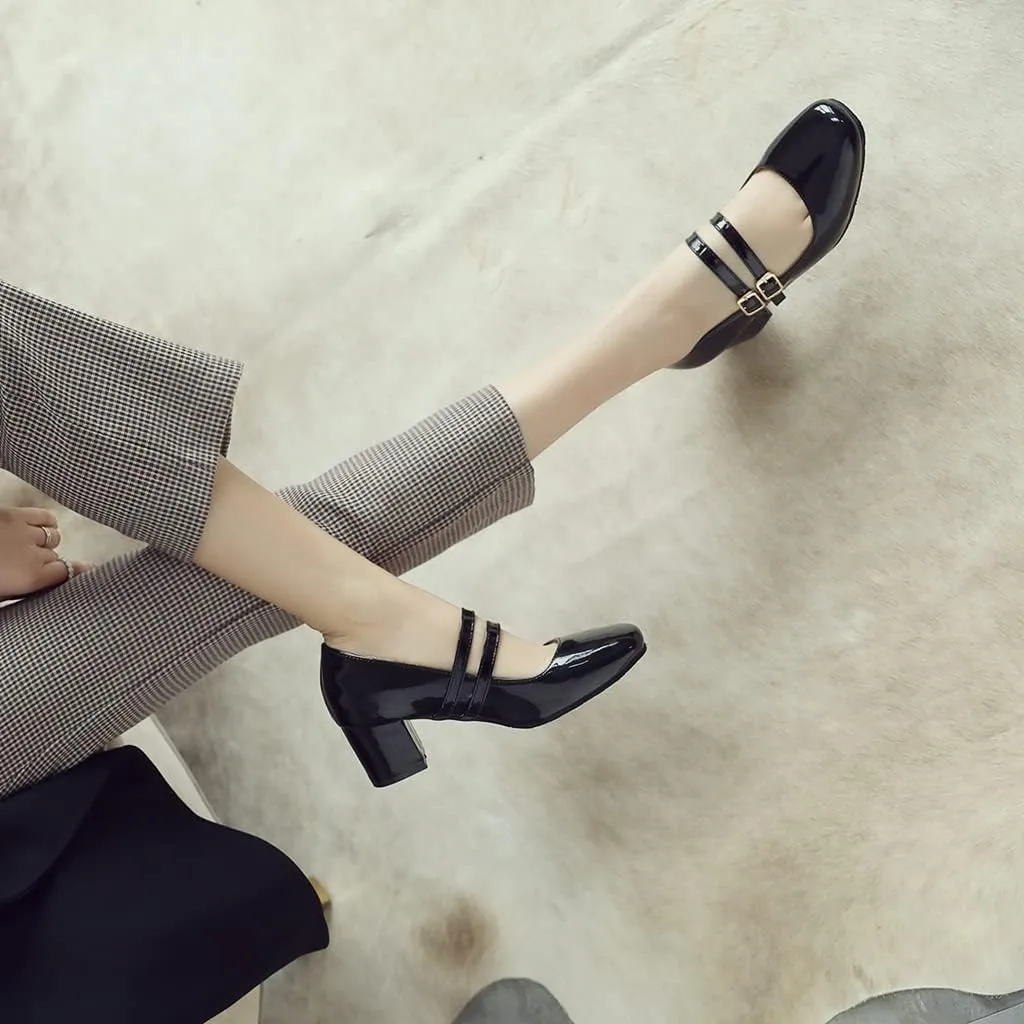 Women's Mary Jane Pump Oxford Square Toe Patent Leather Buckle Strap Chunky Mid Heel Retro Dress Shoes