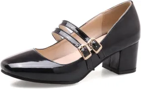 Women's Mary Jane Pump Oxford Square Toe Patent Leather Buckle Strap Chunky Mid Heel Retro Dress Shoes