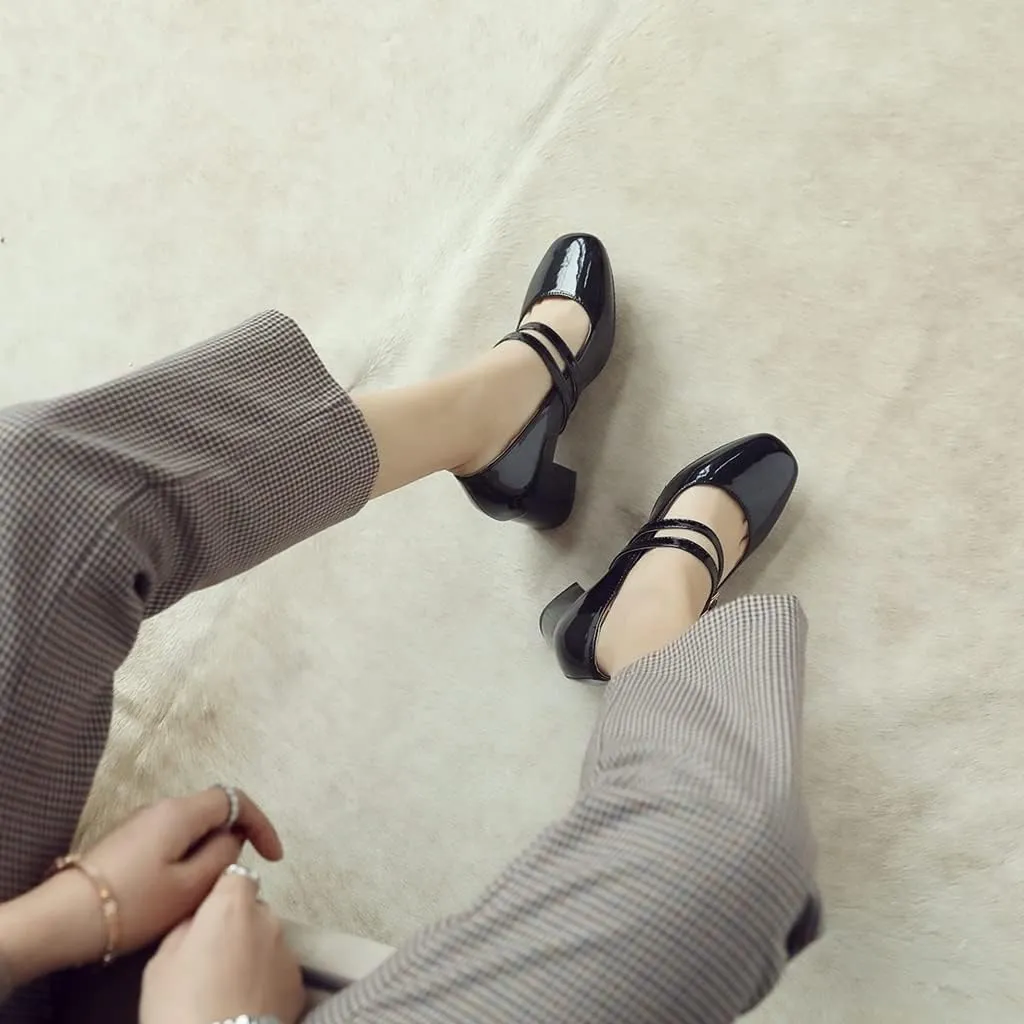 Women's Mary Jane Pump Oxford Square Toe Patent Leather Buckle Strap Chunky Mid Heel Retro Dress Shoes
