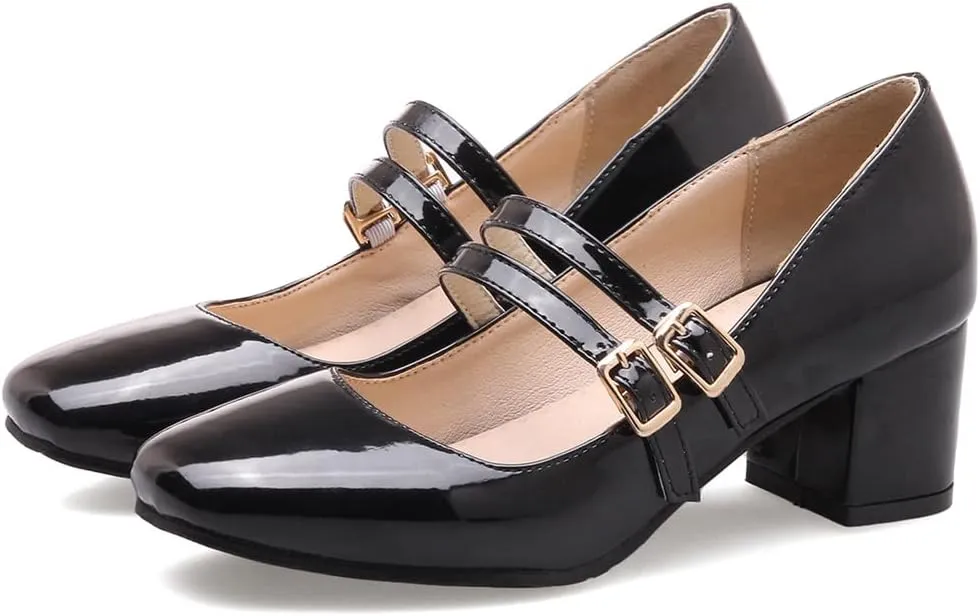 Women's Mary Jane Pump Oxford Square Toe Patent Leather Buckle Strap Chunky Mid Heel Retro Dress Shoes