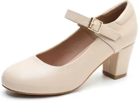 Women's Mary Jane Shoes Low Block Heel Ankle Strap Closed Round Toe Pumps Dress Wedding Office Work Church Shoes Nude Matte 46-12US