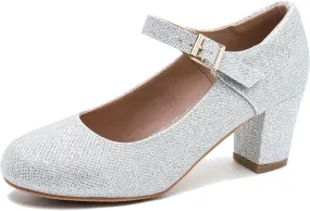 Women's Mary Jane Shoes Low Block Heel Ankle Strap Closed Round Toe Pumps Dress Wedding Office Work Church Shoes Silver Glitter 38-7US