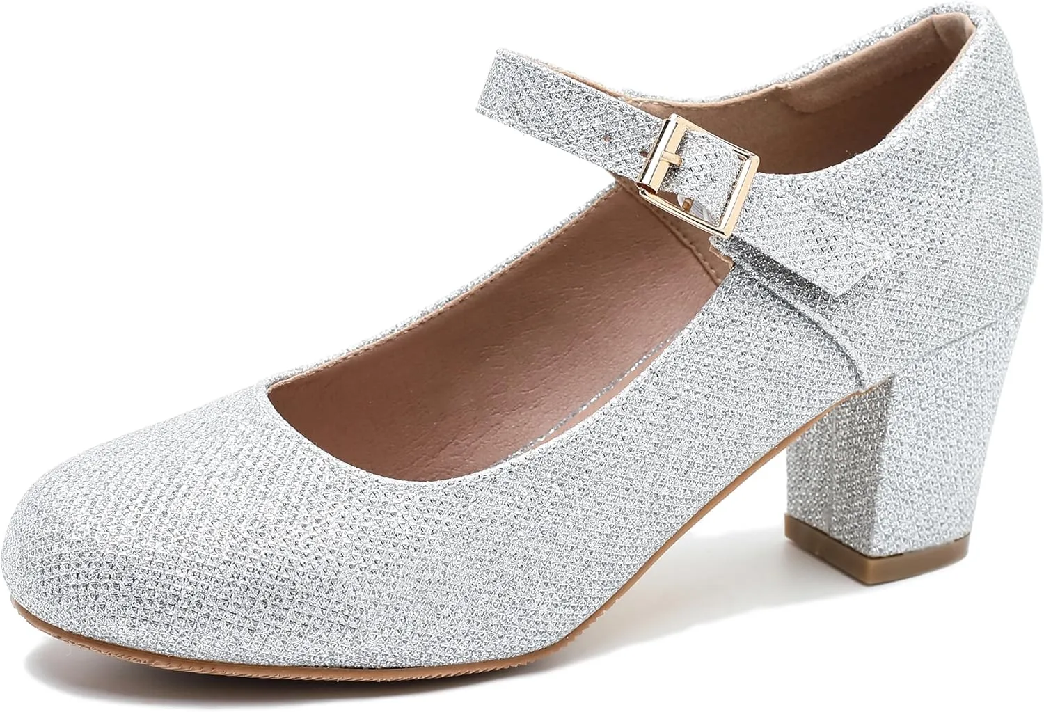 Women's Mary Jane Shoes Low Block Heel Ankle Strap Closed Round Toe Pumps Dress Wedding Office Work Church Shoes Silver Glitter 38-7US