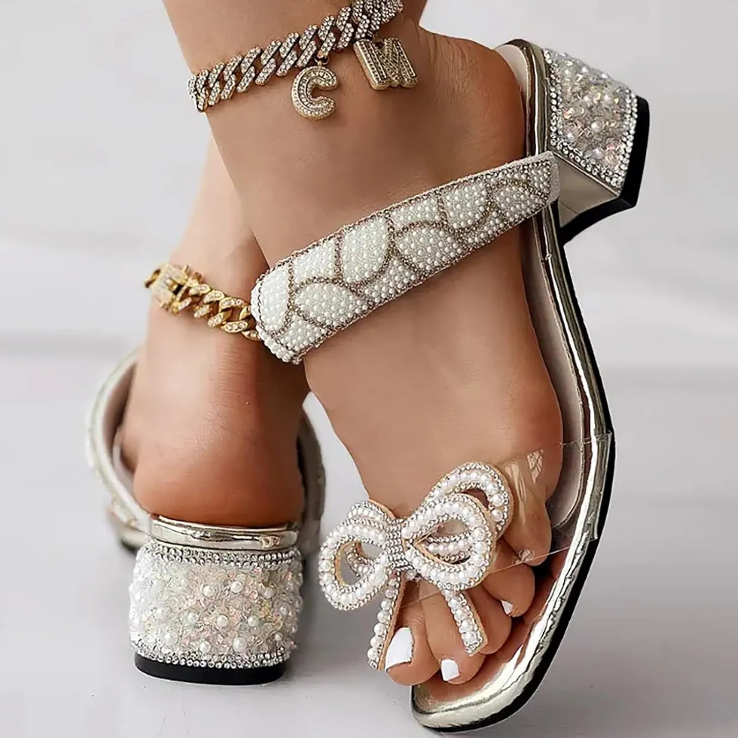 Womens Sandals Block Heeled Summer Sandals Open Toe Slippers Mid Heels Party Dress Sandals Wedding Prom Shoes