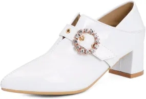 Women's Square Toe Buckle Pump Oxfords Patent Leather Chunky Mid Heels Western Classic Dress Shoes