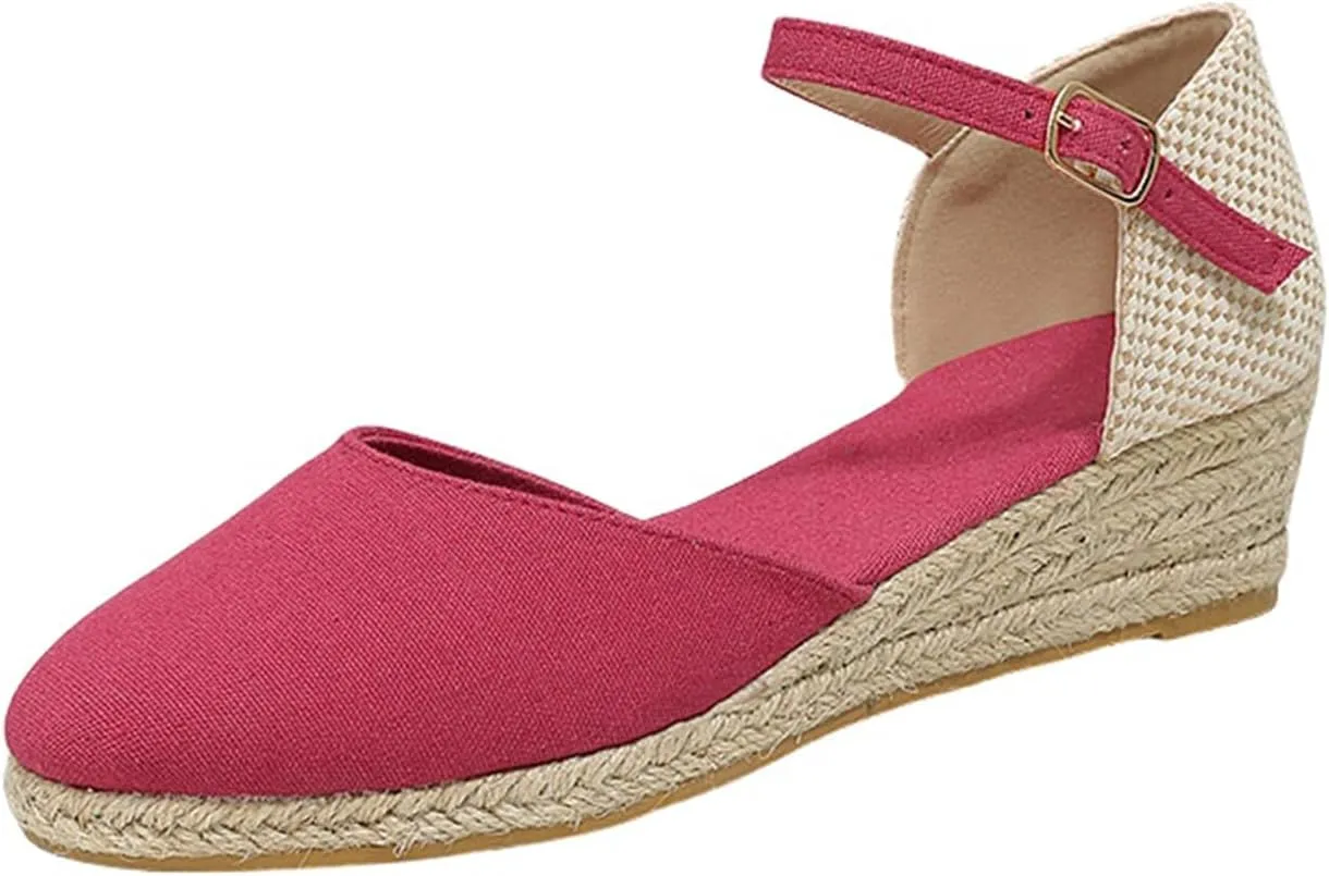 ZWRXW Womens Closed Toe Espadrilles Comfortable Ankle Strap Wedges Shoes Mid Low Heel Canvas Shoes Dressy Summer Dress Sandals for Walking